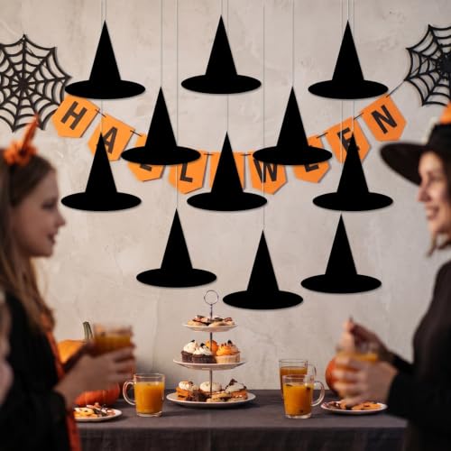 24pcs Flat Paper Witch Hat Hanging Decorations Halloween Witch Decor