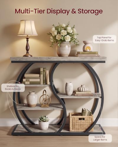 VASAGLE 39.4-Inch Narrow Entryway Console Table - 5-Tier Curved Sofa Table, Heather Greige + Matte Black