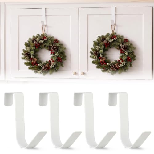 4Pcs Christmas Wreath & Cabinet Door Hooks 3x0.9'' White - No Damage