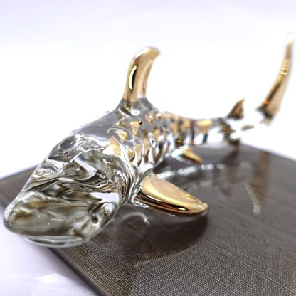 Whale Shark Miniature Glass Figurine - Hand Blown Sea Animal Decor, 5.5 Inches, Clear Gold