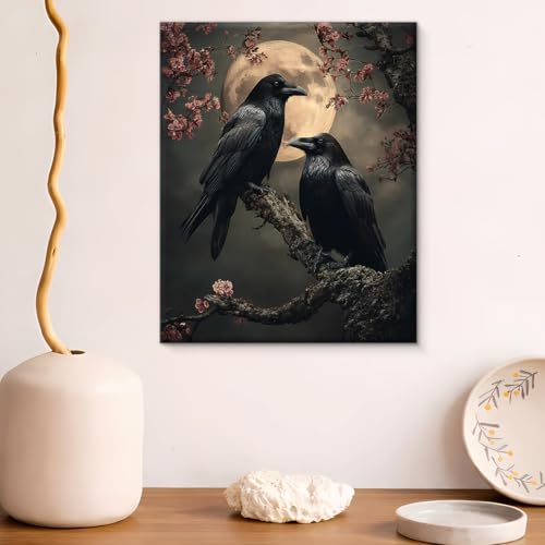 Gothic Raven Moon Canvas Wall Art - Dark Crow Nature Decor - Variation of Raven-01
