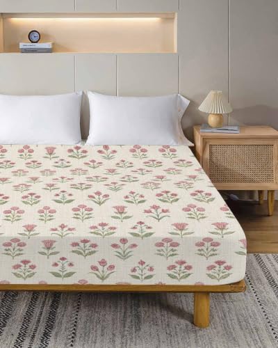 Twin XL Flat Sheet Pink Flowers Microfiber Bed Sheets - Blush Pink, Cream, Rose, Olive