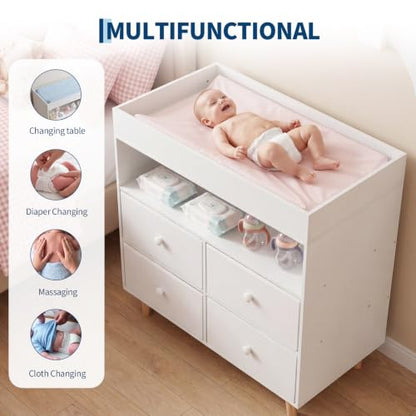 Baby Changing Table with 4 Drawers & Shelves - White Nursery Dresser