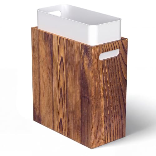 Small Wooden Trash Can with Liner - Acacia 3 Gallon Waste Basket for Small Spaces