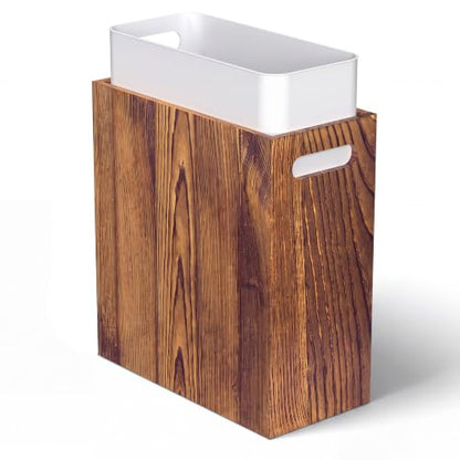 Small Wooden Trash Can with Liner - Acacia 3 Gallon Waste Basket for Small Spaces