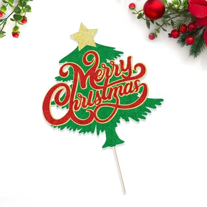 Merry Christmas Cake Topper Red Green Glitter Holiday Decoration - Red 2