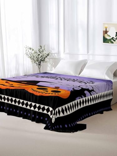 Halloween Twin Flat Sheet - Purple Bats & Pumpkin Design, Luxury Hotel Quality Bedding