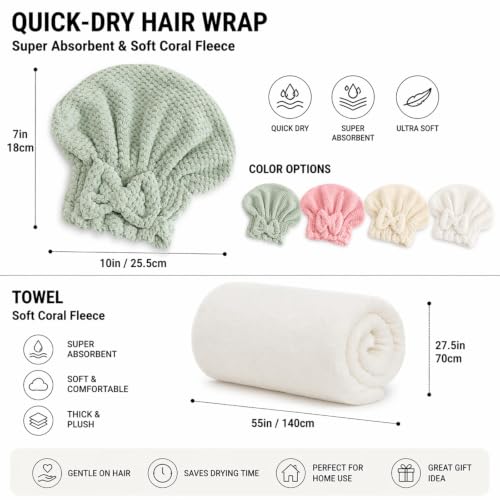 5-Piece Hair Towel Set with Hair Drying Caps, Fleece Towel & Shower Cap