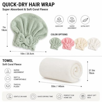 5-Piece Hair Towel Set with Hair Drying Caps, Fleece Towel & Shower Cap