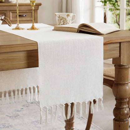 Cotton Linen Table Runner 13x48 Inch Off White with Hand Tassels - Farmhouse Decor
