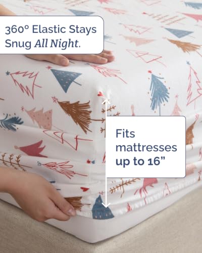 Christmas Flannel Bed Sheet Set - 100% Cotton, Split King, Trees Design