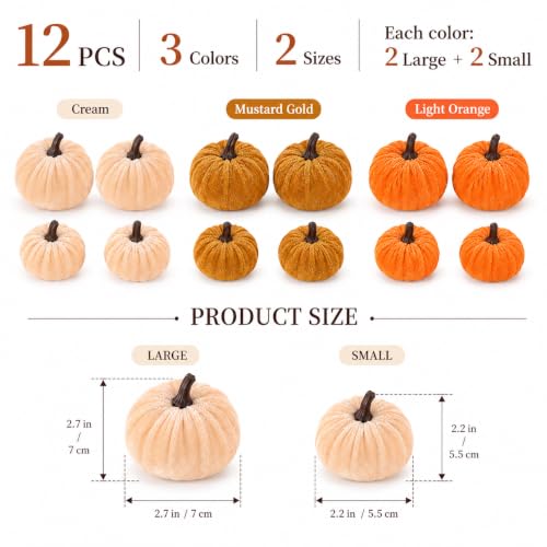 Mini Velvet Artificial Pumpkins Set for Fall Decor - 12 Pcs, 2 Sizes, Harvest Halloween Thanksgiving