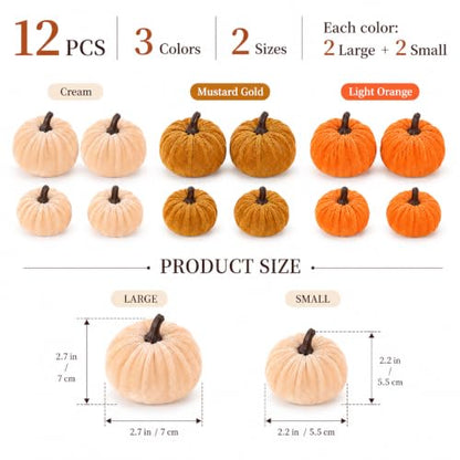 Mini Velvet Artificial Pumpkins Set for Fall Decor - 12 Pcs, 2 Sizes, Harvest Halloween Thanksgiving
