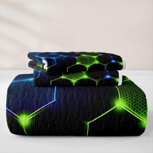 Castle Fairy 3D Honeycomb Block Quilt Set Twin Size Neon Blue Green with Pillow Sham - Geometric Kids Bedding