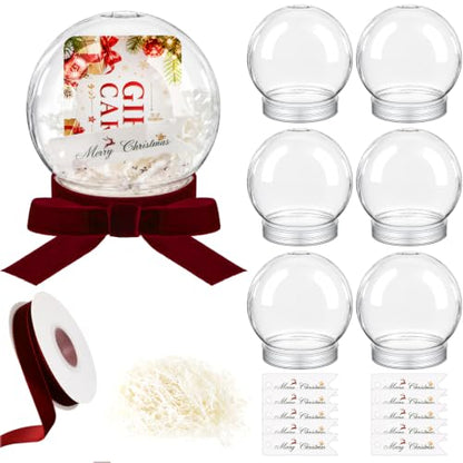 DIY Christmas Snow Globe Kit - 6 Clear Plastic 4-Inch Water Globes with Filler & Ribbons