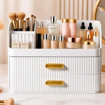 Makeup Organizer with Drawers and Brush Holder - Large White Vanity Storage
