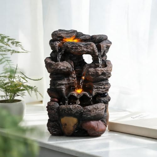 Small Resin Water Fountain with LED Lights - Desktop Indoor Waterfall