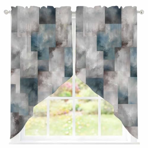 Slate Gray Geometric Swag Curtains 36 Inch Length 2 Panels Set - Semi-Sheer Window Drapes for Kitchen Living Room Bedroom