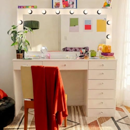 Vanity Desk with Framed Bulb Mirror – 8-Drawer Integrated Makeup Station