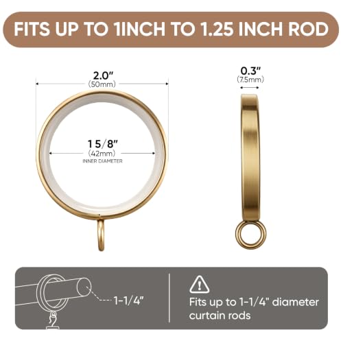 18 pcs Brushed Gold Curtain Rings with Clips, 1-5/8 Inch Quiet Drapery Rings