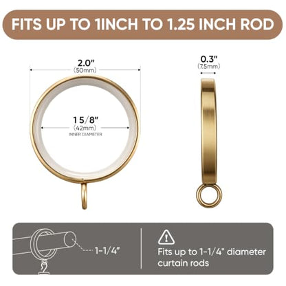 18 pcs Brushed Gold Curtain Rings with Clips, 1-5/8 Inch Quiet Drapery Rings