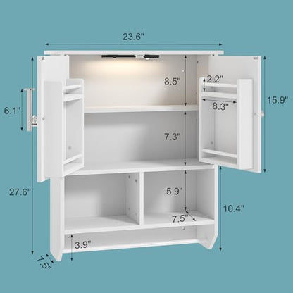 Bathroom Wall Cabinet with LED Light & Mirror, Adjustable Shelves, Towel Bar