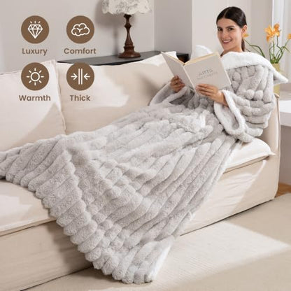 PROALLER Light Grey Wearable Heated Blanket with Foot Pocket, Faux Fur & Sherpa Fleece 52x72 Inches