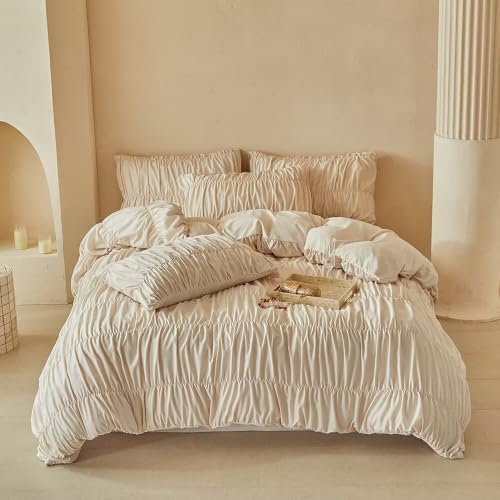 Full Size Khaki Gathered Ruffled Bedding Set Duvet Cover for Teen - Elegant Farmhouse Style