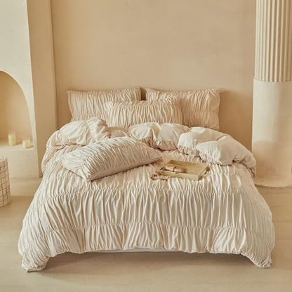 Full Size Khaki Gathered Ruffled Bedding Set Duvet Cover for Teen - Elegant Farmhouse Style