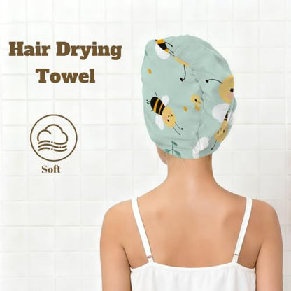 Microfiber Hair Towel Wrap for Women - Quick Dry, Absorbent Turban with Cartoon Bee Pattern