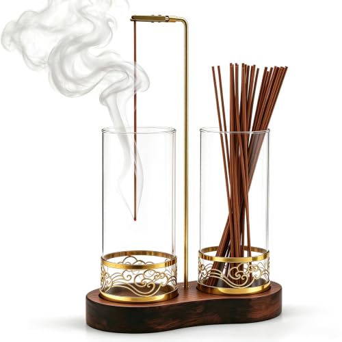 Incense Holder for Stick with Glass Ash Catcher and Anti-Tip Base - Includes 20 Incense Sticks