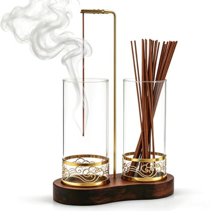 Incense Holder for Stick with Glass Ash Catcher and Anti-Tip Base - Includes 20 Incense Sticks