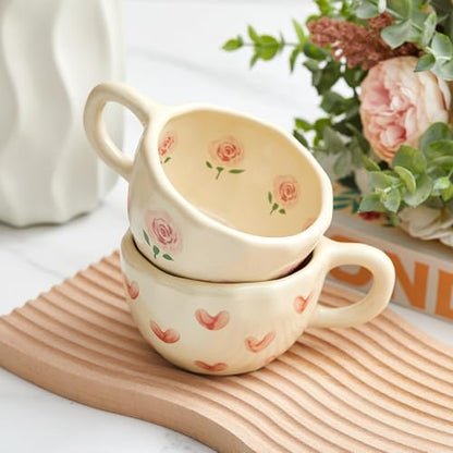 Vesici Floral Tea Cup Set Heart Rose Ceramic Mug with Spoon - 2 Pack