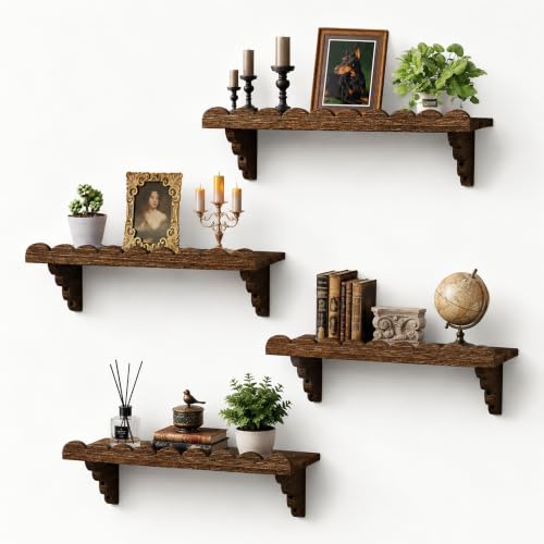 17 Inch Scalloped Wood Wall Shelves Set - Brown Floating Shelves for Decor & Storage