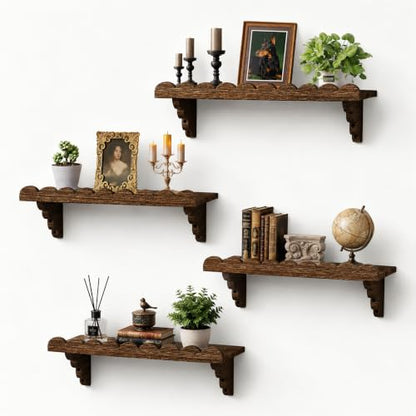 17 Inch Scalloped Wood Wall Shelves Set - Brown Floating Shelves for Decor & Storage