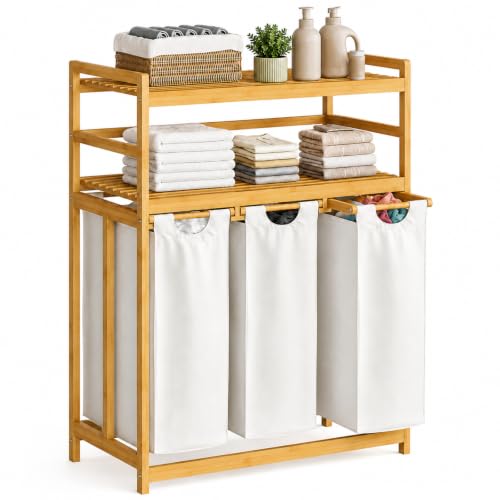 Beige Bamboo Laundry Hamper with 2-Tier Shelf and Removable Bags - 150L Capacity