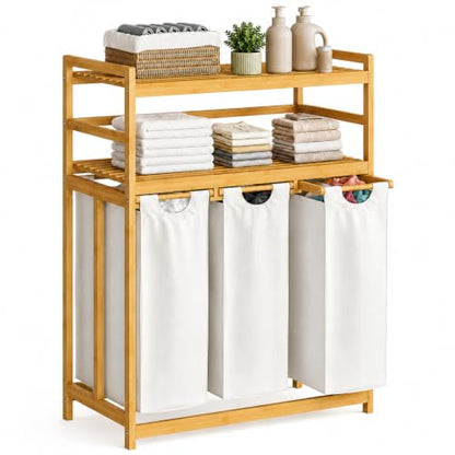 Beige Bamboo Laundry Hamper with 2-Tier Shelf and Removable Bags - 150L Capacity