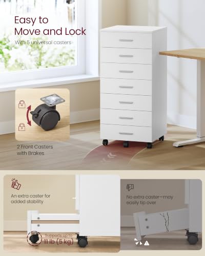 VASAGLE White 7-Drawer File Cabinet on Wheels with Lockable Casters