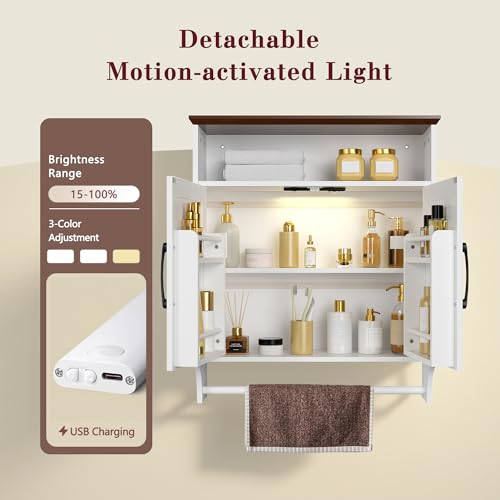 White Farmhouse Bathroom Wall Cabinet with Motion Sensor LED Light & Towel Bar