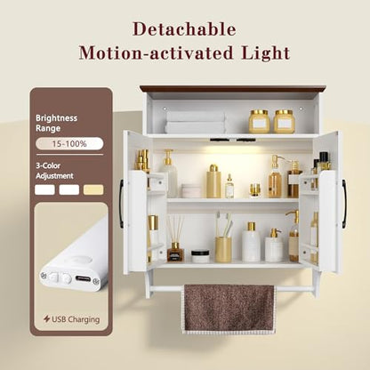White Farmhouse Bathroom Wall Cabinet with Motion Sensor LED Light & Towel Bar