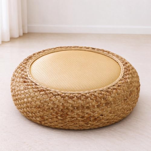 Japanese Floor Pillow Tatami Meditation Cushion Khaki 15.7x15.7x6.7 inches – Natural Woven Rattan Support