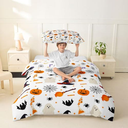 Halloween Pattern Duvet Cover Twin Size Pumpkin Ghost Print Comforter Cover for Kids - White Orange