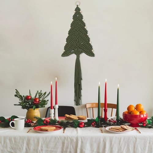 Sage Green Boho Macrame Christmas Tree Wall Hanging with Wood Beads - Handmade Holiday Decor, 32 x 11 Inches, Variation: Sage Green Beige