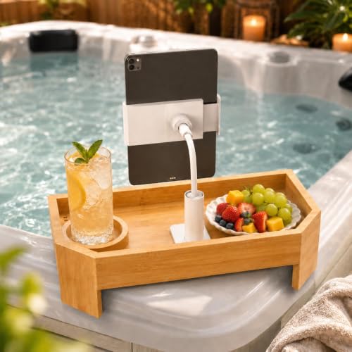 Orange Bamboo Hot Tub Tray with Adjustable Phone Holder & Drink Stand