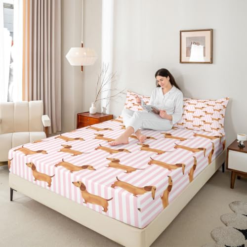 Castle Fairy Pink Striped Dachshund Bed Sheet Set King Size - Deep Pocket Kids Bedding