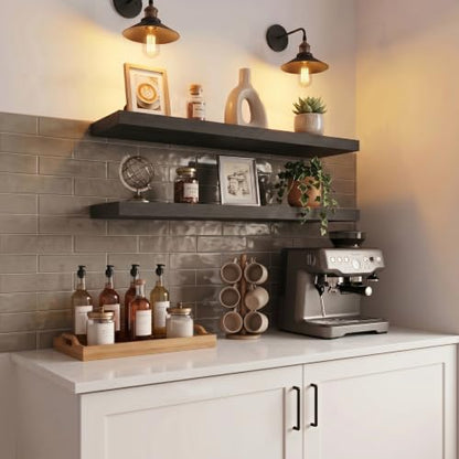 24 Inch Deep Floating Wall Shelves Set of 2 Black Wood Grain