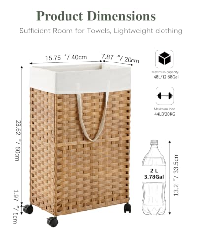 SETVSON Slim Laundry Hamper with Wheels 48L Natural Narrow Space-Saving Design