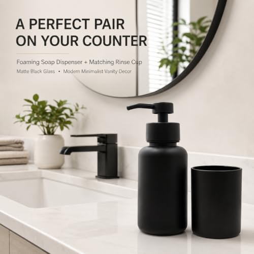 Matte Black Glass Soap Dispenser and Toothbrush Cup Set - Stable, Stylish Bathroom Accessory