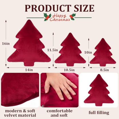 Peryiter Burgundy Red Velvet Christmas Tree Throw Pillows Set - 16 Inches