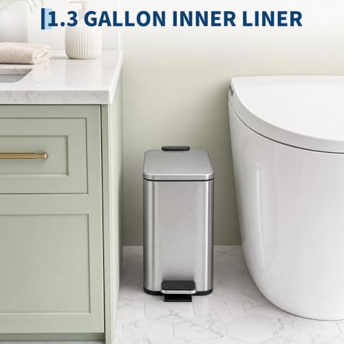 Bathroom Trash Can with Lid - 5L/1.3G Silver Soft Close Pedal Bin